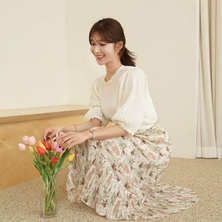 Crystal-pleat Printed Long Tiered Skirt