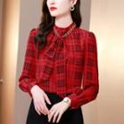 Long-sleeve Chained Bow Plaid Blouse