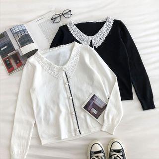 Lace Peter-pan Collar Long-sleeve Knit Top