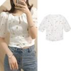 Puff-sleeve Floral Single Breasted Blouse