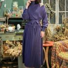 Set: Tie-waist Cardigan + Sleeveless Turtleneck Midi A-line Knit Dress