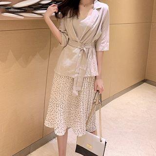 Set: Belted Elbow-sleeve Blazer + Wide Strap Dotted A-line Dress