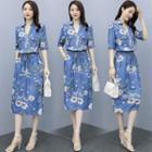 Long-sleeve Denim Floral Midi Dress