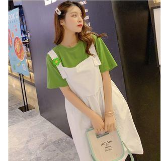 Set: Short-sleeve T-shirt + Midi Pinafore Dress As Shown In Figure - One Size