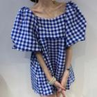 Balloon-sleeve Gingham A-line Dress Blue - One Size