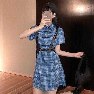 Short-sleeve Plaid Mini A-line Dress / Belt / Set