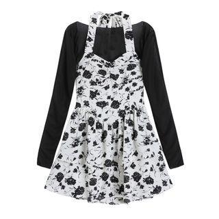 Long-sleeve Crop Top / Floral Mini Overall Dress