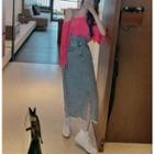 Wide-neck Plain T-shirt / Denim Jumper Dress