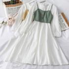 Set: Plain A-line Dress + Button-down Crop Vest