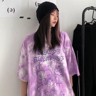 Short-sleeve Bear Tie-dye Print T-shirt