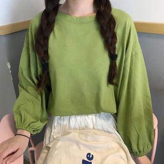Plain Lantern-sleeve Top / Striped Long-sleeve T-shirt