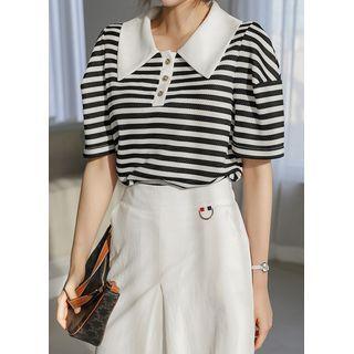 Puff-sleeve Contrast-collar Stripe Polo Shirt