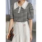 Puff-sleeve Contrast-collar Stripe Polo Shirt