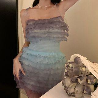 Spaghetti Strap Ruffled Gradient Mini Bodycon Dress Gradient - Blue & Purple - One Size