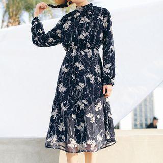 Printed Long-sleeve Midi A-line Dress