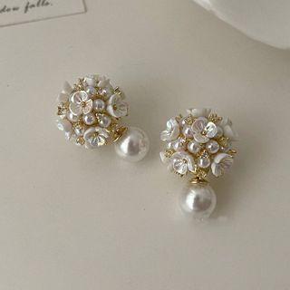 Flower Acrylic Faux Pearl Dangle Earring 1 Pair - White & Gold - One Size