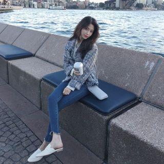Set: Faux Pearl Button Tweed Jacket + A-line Mini Skirt Set - Blue - S