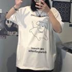 Elbow-sleeve Dog Print T-shirt White - One Size