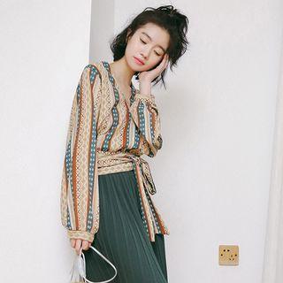 V-neck Printed Long-sleeve Chiffon Top As Shown In Figure - One Size