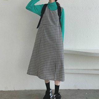 Plain Long-sleeve Top / Plaid Midi Pinafore Dress