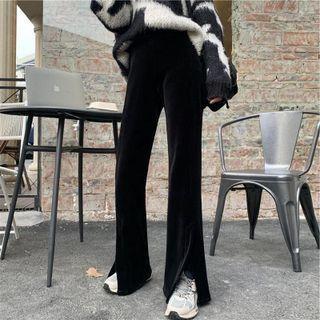 High-waist Slit Fleece-lined Boot-cut Pants