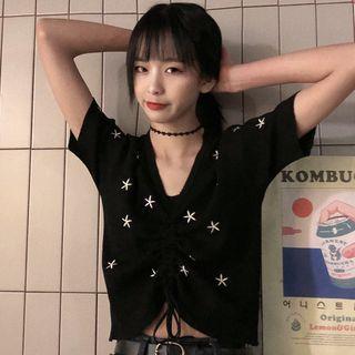 Flower Short-sleeve Top Black - One Size