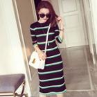 Striped Elbow-sleeve Knitted Dress