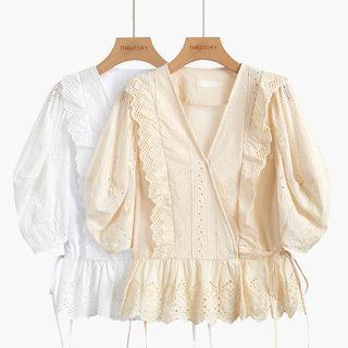 V-neck Puff-sleeve Peplum Eyelet Blouse