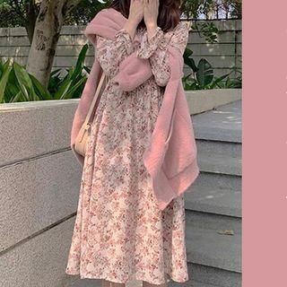 Set: Puff-sleeve Floral Print A-line Dress + Cardigan