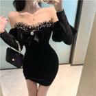 Long-sleeve Cold Shoulder Faux Pearl Frill Trim Mini Bodycon Dress