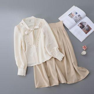 Set: Bow-neck Pintuck Blouse + Midi A-line Skirt