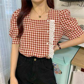 Balloon-sleeve Gingham Ruffled Blouse