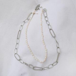 Fresh-water Pearl Chain Layered Necklace Silver - One Size