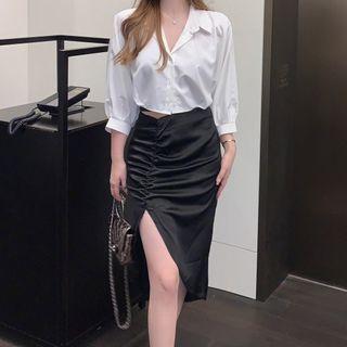 Long-sleeve Plain Cropped Shirt / High-waist Plain Drawstring Side-slit Skirt
