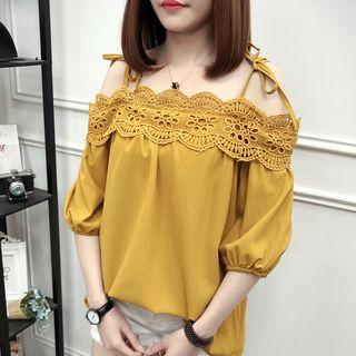 Crochet Panel Off Shoulder Elbow Sleeve Chiffon Blouse