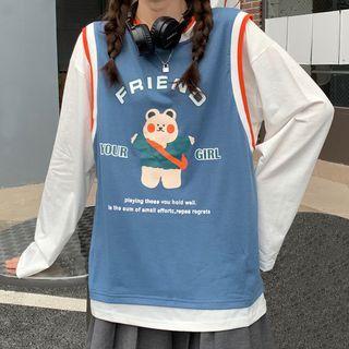 Mock Two-piece Cartoon Bear Print T-shirt