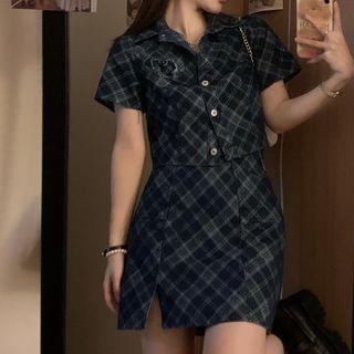 Set : Short-sleeve Plaid Denim Top + High-waist Plaid A-line Semi Skirt