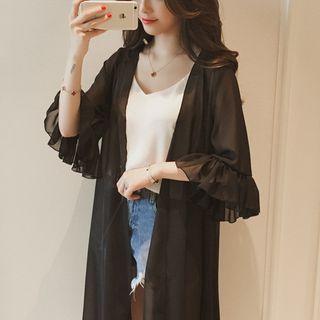 Open Front Elbow-sleeve Long Chiffon Jacket