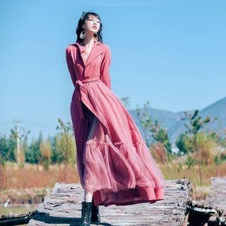 Long-sleeve Mesh Overlay Tiered A-line Maxi Dress