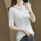 Elbow-sleeve Hooded Henley Knit Top