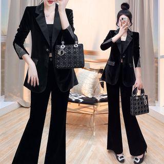 Set: Rhinestone Velvet Blazer + Boot-cut Pants