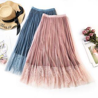 Mesh Panel Velvet Pleated Skirt