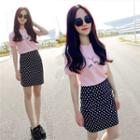 Set: Printed Short-sleeve T-shirt + Dotted Mini Pencil Skirt