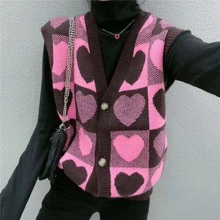 Heart Checkerboard Button-up Sweater Vest