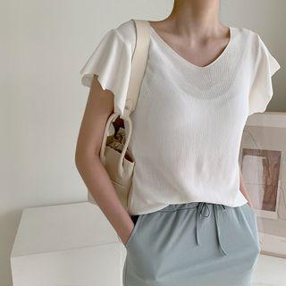 Flutter-sleeve Rib-knit Top