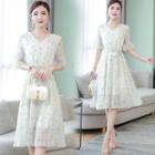 V-neck Tie-waist Floral Print A-line Dress