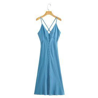 Spaghetti Strap Button-up Silt Midi A-line Dress