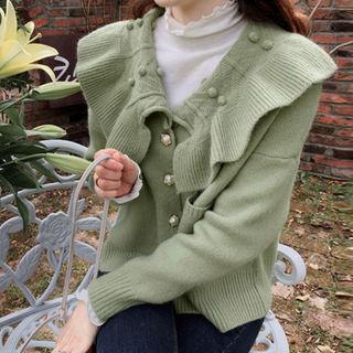 Frilled-collar Faux-pearl Cardigan Yellow Green - One Size
