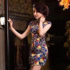 Cap-sleeve Flower Print Silk Cheongsam