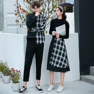 Couple Matching Plaid Panel Shirt / Midi A-line Skirt / Mock-neck Long-sleeve T-shirt